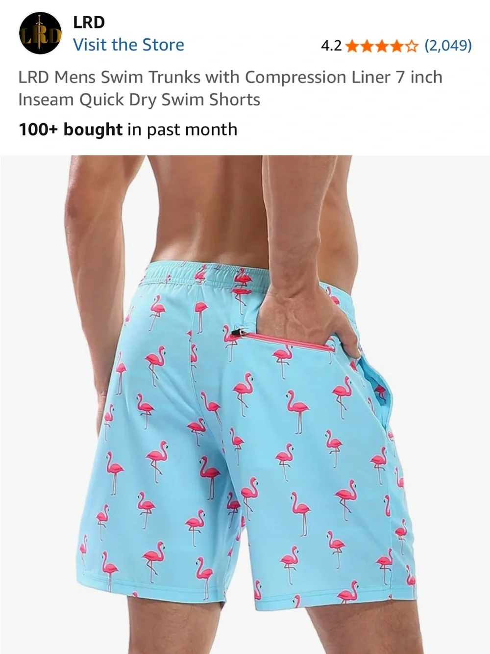Men’s Light Blue Flamingo Swim Trunks with Pink Compression Liner